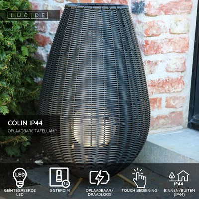 Lucide COLIN IP44 - Oplaadbare Tafellamp Binnen/Buiten - Accu/Batterij - LED 3 StepDim - 1x3W 3000K - IP44 - Zwart